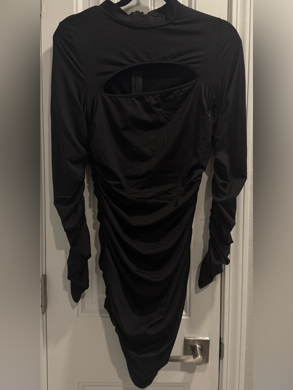 Black Long-Sleeve Cutout Ruched Midi Dress
